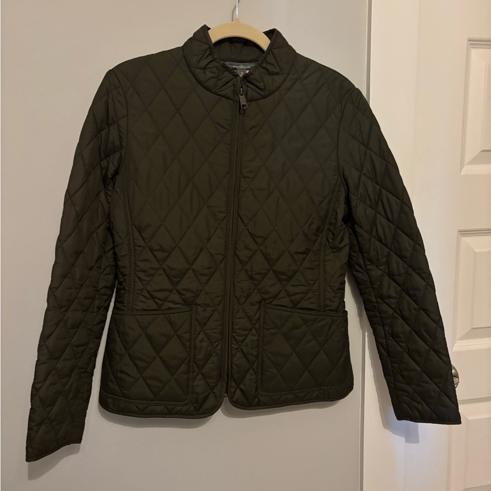 LL Bean Signature Olive Quilted Jacket with Plaid Lining - Picture 4 of 7